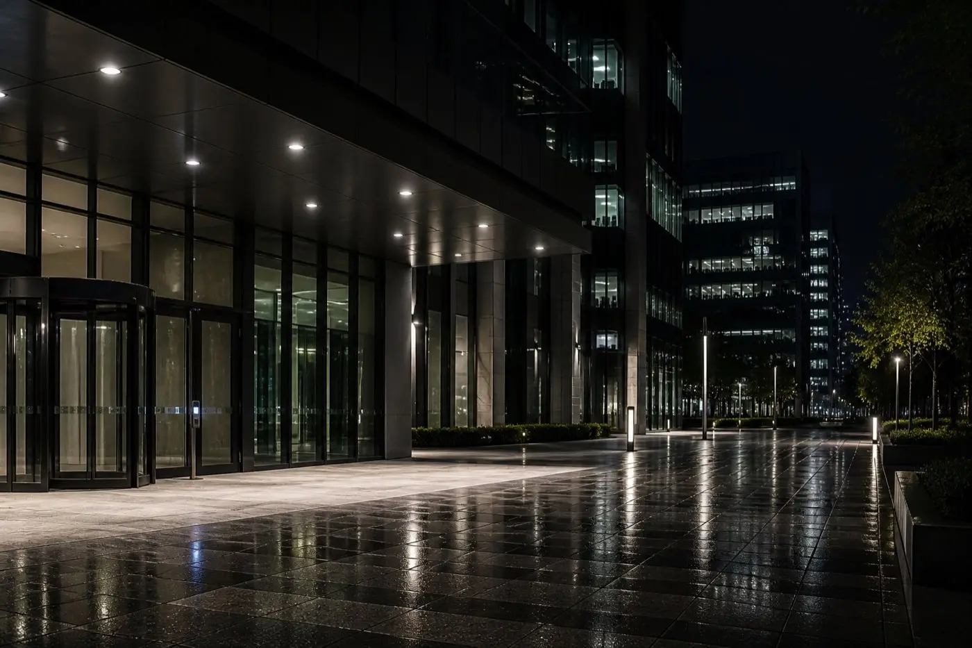 Bürogebäude in Berlin bei Nacht, Objektschutz durch Hares Security
